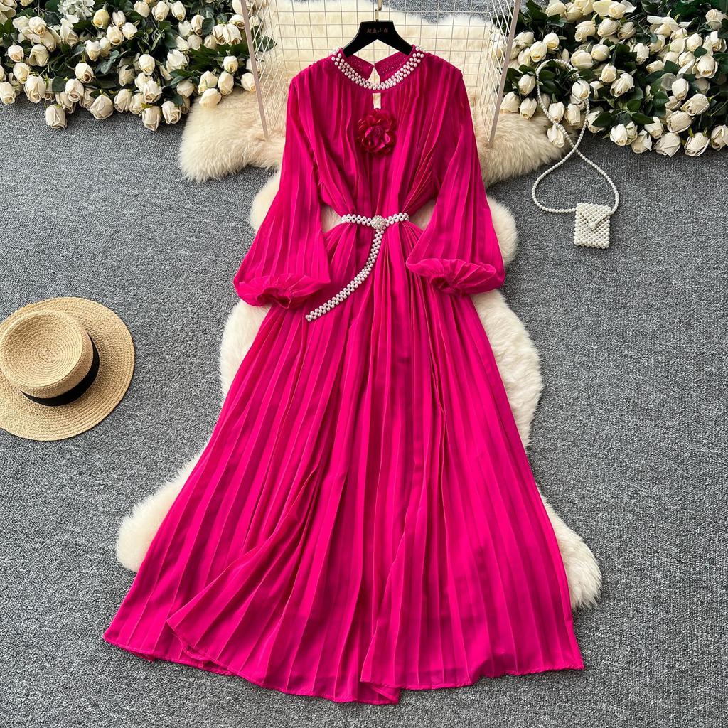 French High-end Heavy Industry Nail Drill Hollow Round Neck Three-dimensional Flower Lantern Sleeve Strap Waist Pleated Chiffon Dress