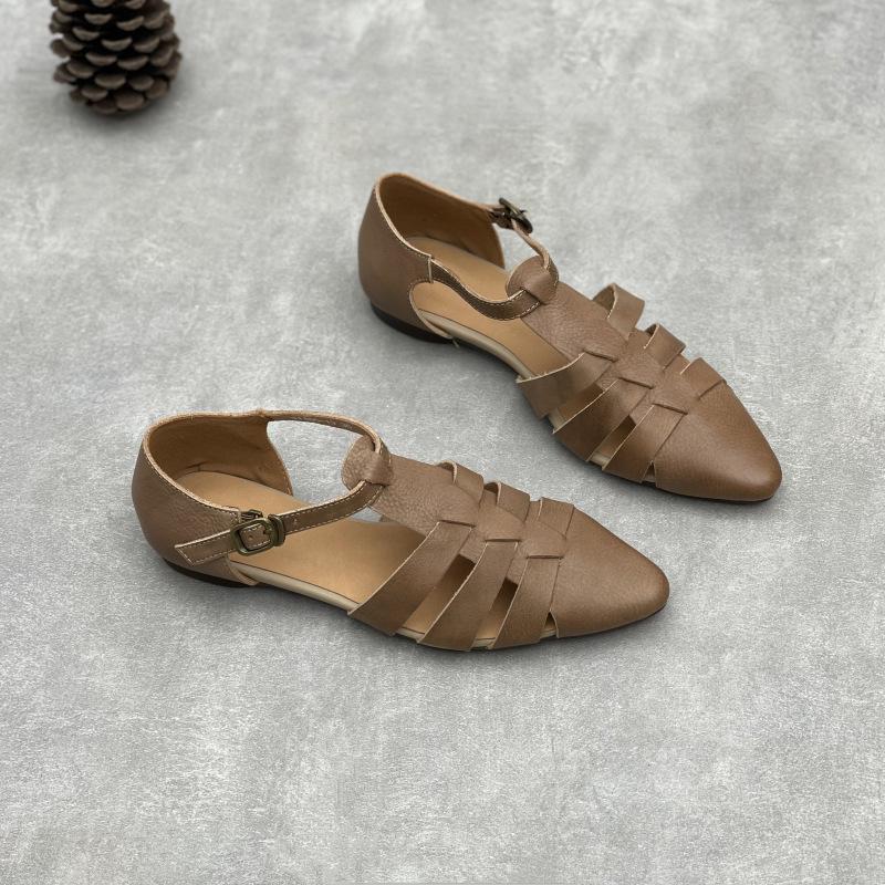 Johnature Handmade Genuine Leather Pointed Toe Sandals Retro Hollow Buckle Woven Cowhide Women's Shoes