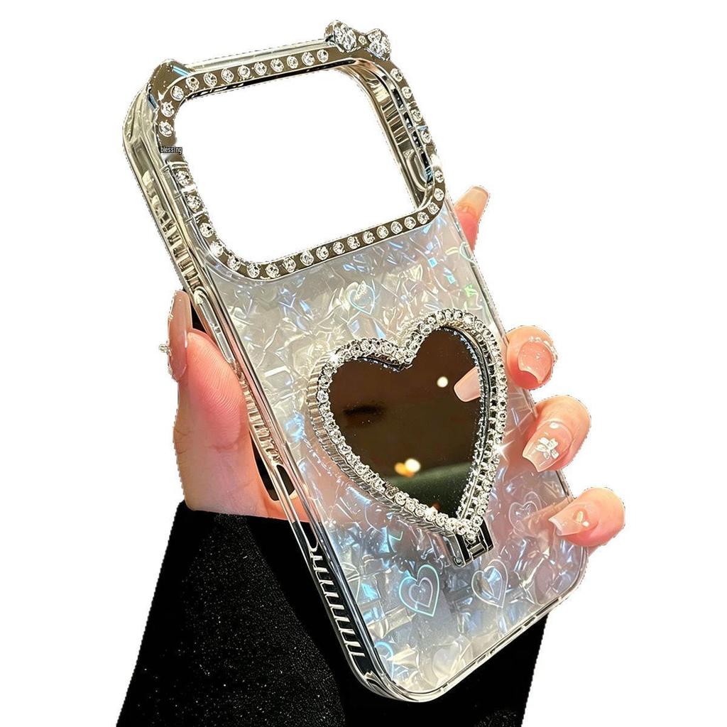 Luxury Rhinestone Heart Mirror Stand for iPhone 17 Pro Max/16 Pro/13 Case
