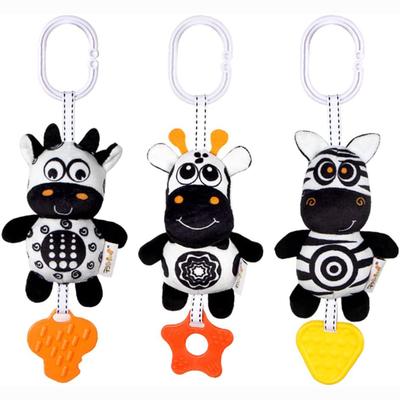 3 Pack Hanging Rattle Toys,Cartoon White Black Stuffed Stroller Plush Toys for Newborn 0-18 Month Baby Bed Crib Toys with Wind Chimes (Zebra,Deer&Cow)