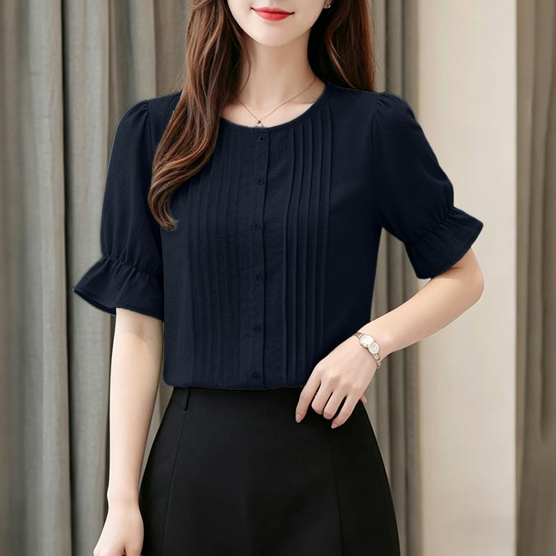 

ZANZEA Women Casual Round Neck Solid Color Short Sleeve Blouse 5XL темно-синього кольору
