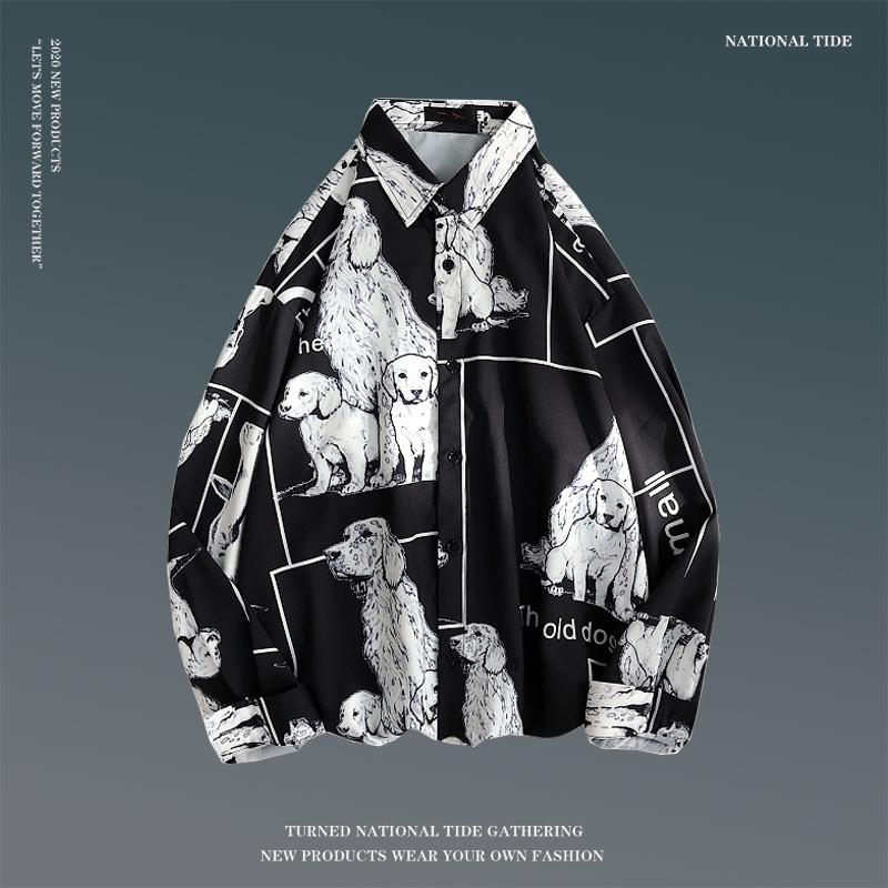 Men's Spring Retro Floral Long Sleeve Shirt - Korean Style, Trendy, Versatile, Loose Fit, Hong Kong Couple Style Top.