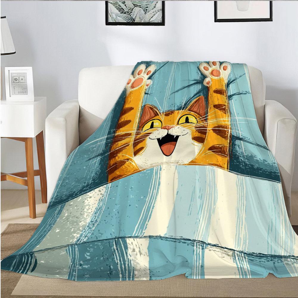 Happy Cat Is Stretching On the Bed Flannel Printed Blanket Suitable for All Seasons Suitable for Living Room Office Sofa Travel