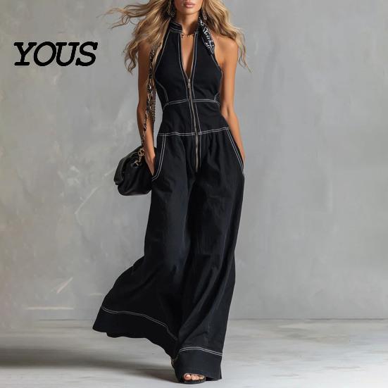 Polyester Jumpsuit Damen Ärmelloser Jumpsuit, Reißverschluss Stehkragen Weiter Bein Alle Größen Hosen Strampler, Lässige Sommer Einteiler Outfits mit Taschen