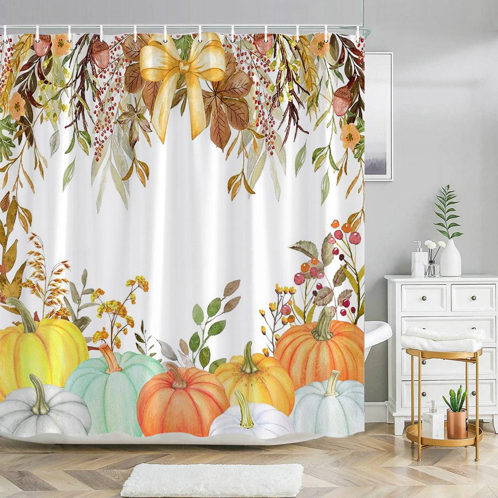 Fall Maple Eucalyptus Leaves Shower Curtain Autumn Pumpkin Farm Watercolor Botanical Floral Cloth Shower Curtains Bathroom Decor