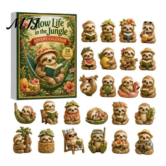 Cute Sloth Pendant Set Advent Calendar, 24Pcs Acrylic 2D Ornament Holiday Collectibles with Vintage Warm-Tone Designs, Christmas Tree Hanging