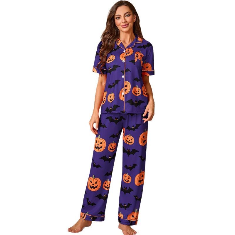 Damen-Pyjama-Set mit offenem Vorderteil und Halloween-Print, mit kurzärmeligem Oberteil und langer Hose – Damen-Loungewear