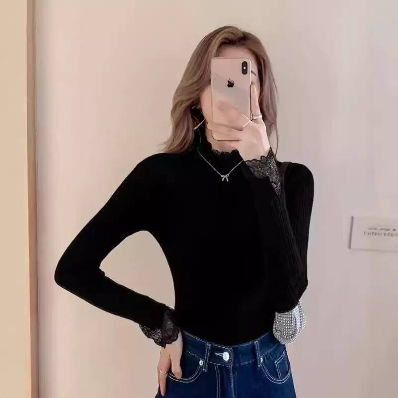 Apricot Lace Trim Slim Fit Sweater - Women's Half High Neck, Long Sleeve Knit Top for Spring & Autumn