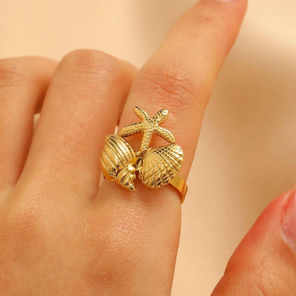 Stainless Steel Starfish & Seashell Open Ring - Ocean Holiday Style Jewelry for Women