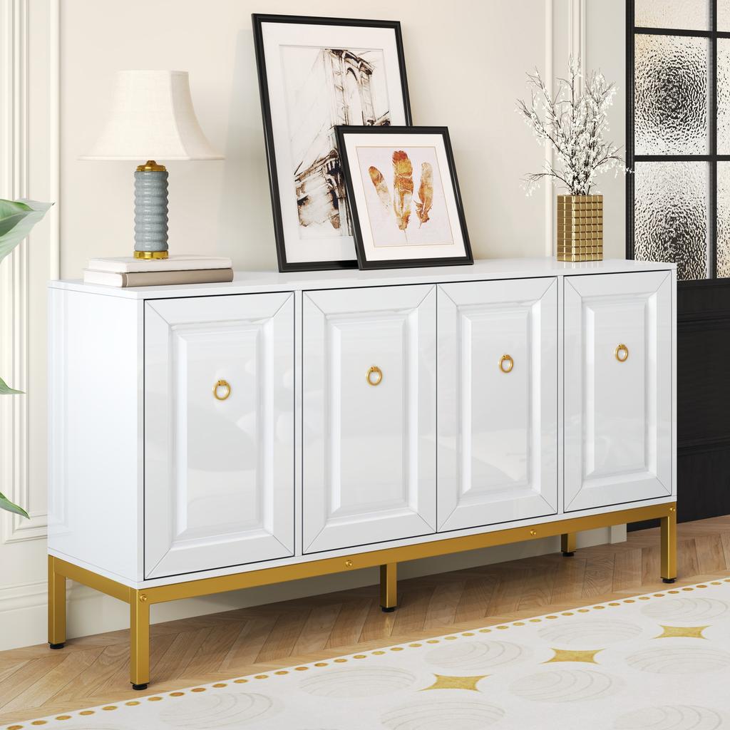 Sideboard, High-Gloss Storage Unit, Gold Handles and Legs, with Shelves. 140×80×40cm