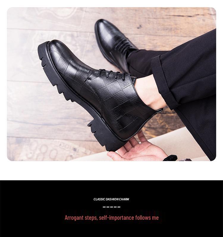 Men's High-Top British Style Leather Brogue Boots with Thick Sole and Height-Enhancing Pointed Toe.
