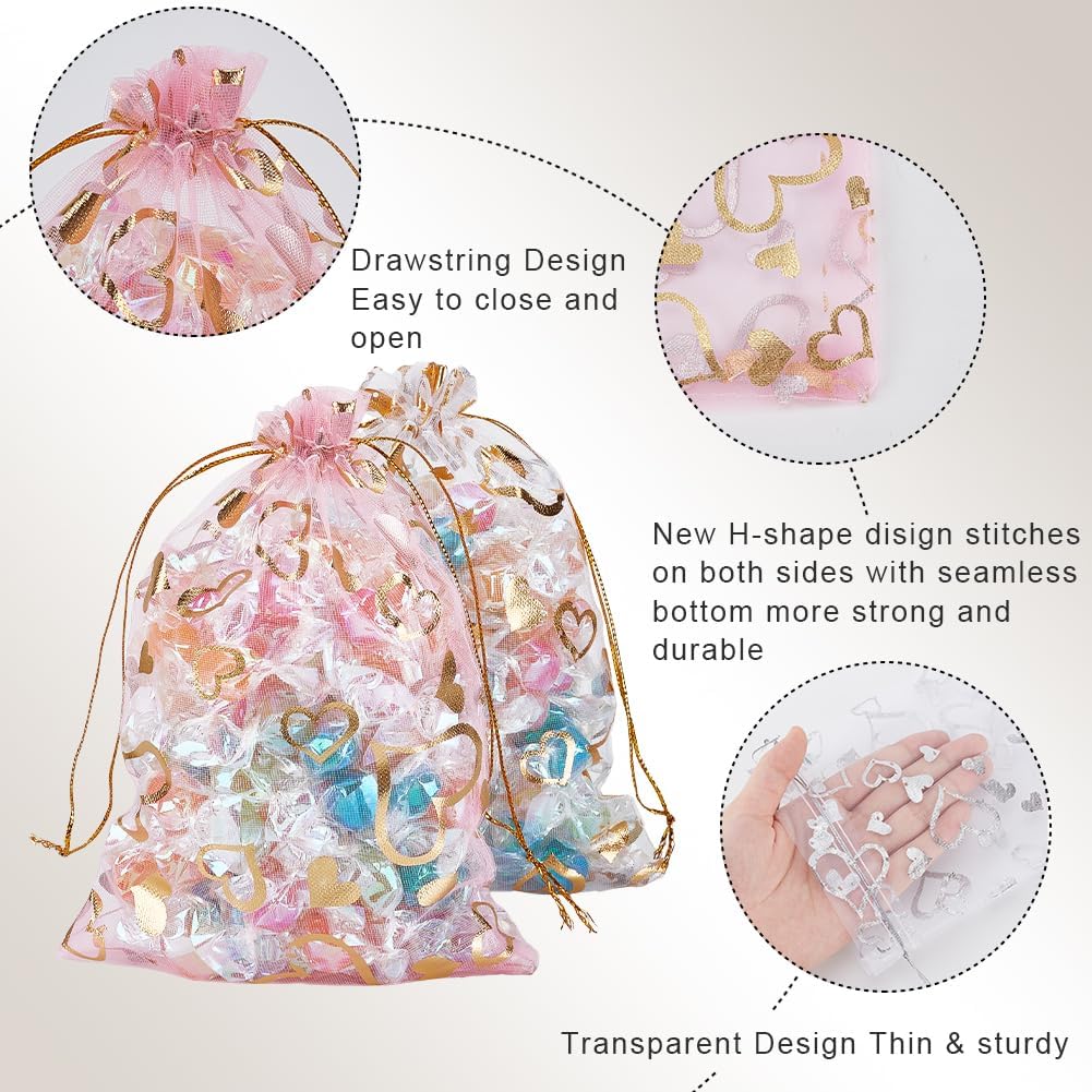 Beebeecraft 80Pcs 4 Colors Organza Bags 5x7 Inch Heart Organza Mesh Gift Drawstring Pouches Pink Gold Silver White for Christmas Candy Wedding Party