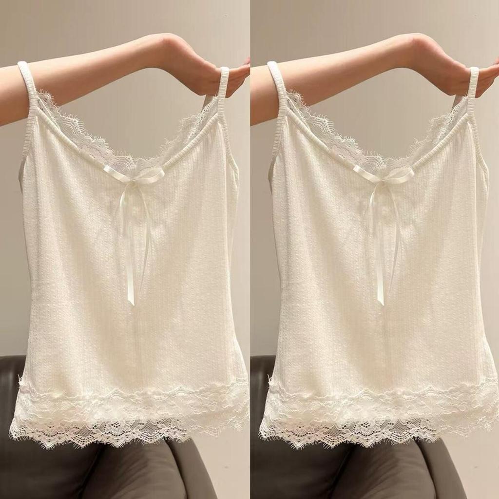 Women's Plus Size Cotton Lace Bow Camisole - Slim Fit Spring/Summer Layered Tank Top