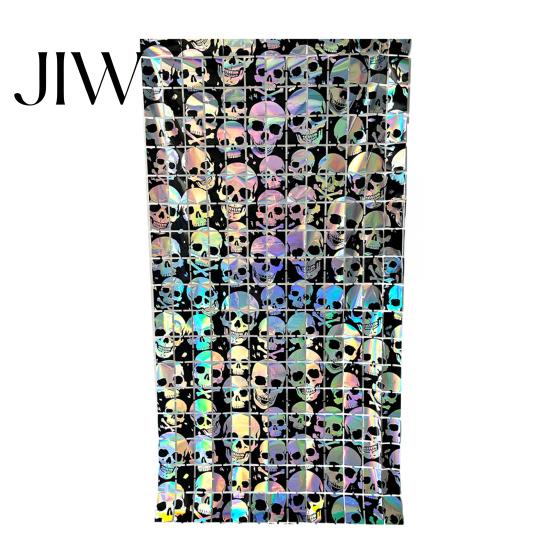 Holiday Wall Decor Halloween Skull Foil Fringe Curtain, Iridescent Disposable Tablecloth, Theme Decoration Table Cover Tinsel Backdrop for Party