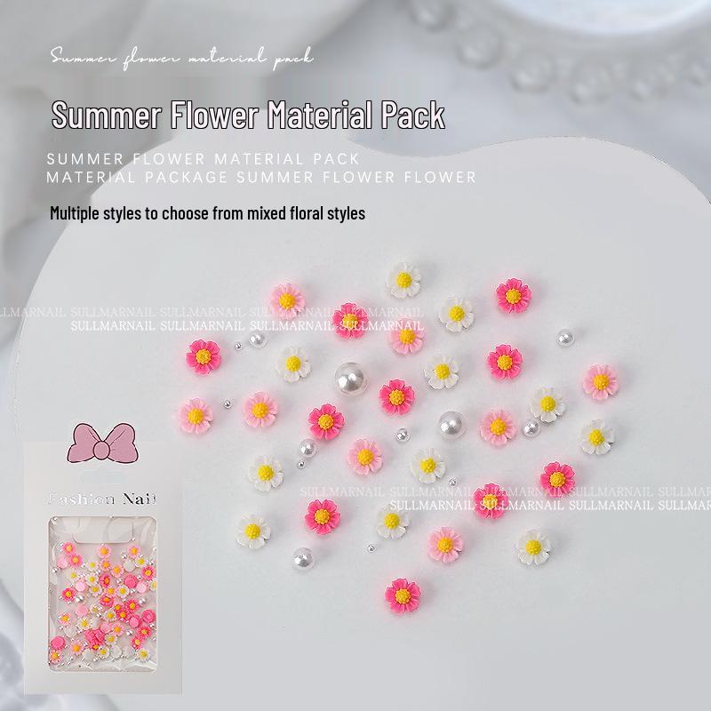 

50-Piece Summer Floral Nail Art Kit: 3D Resin Camellia, Rhinestones, and Pearls