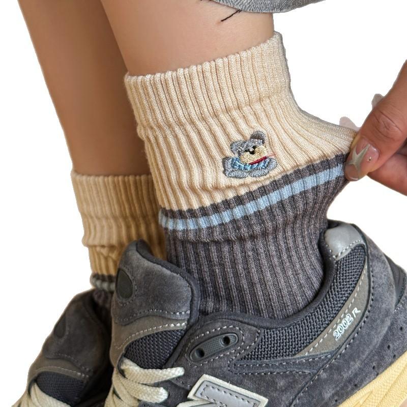 Grey Striped Socks Medium Tube Socks Cute Embroidered Puppy Cloth Label Curled Edge Socks Trend Socks