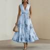 European and American Autumn and Winter Women's Clothing Printed V-neck Sleeveless Fashion Pleated Dress Long Dress Women