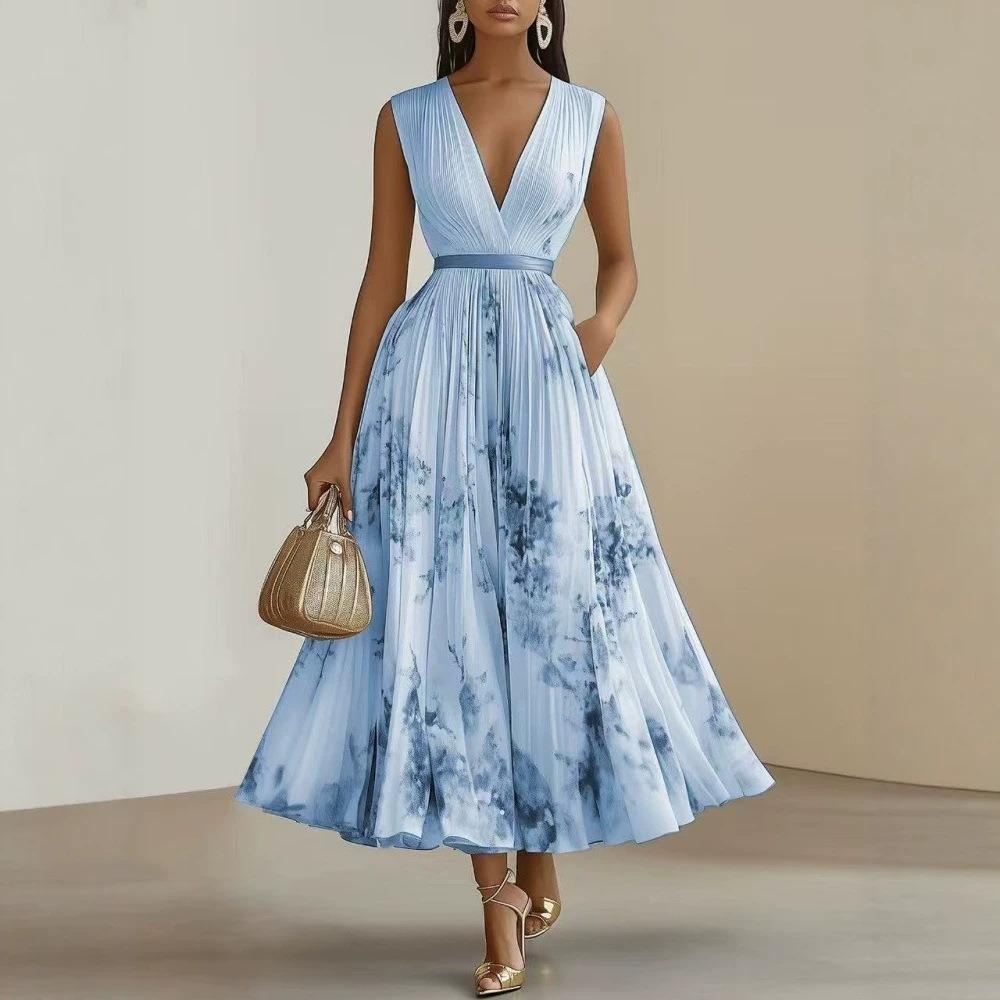 European and American Autumn and Winter Women's Clothing Printed V-neck Sleeveless Fashion Pleated Dress Long Dress Women