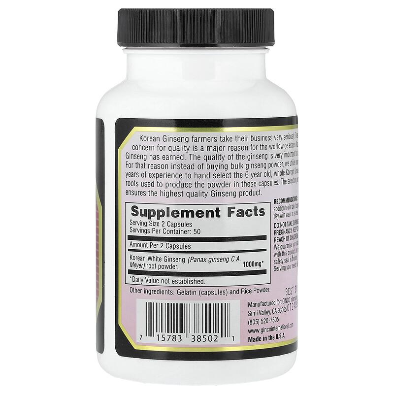 Korean White Ginseng, 100 Capsules (500 mg per Capsule)