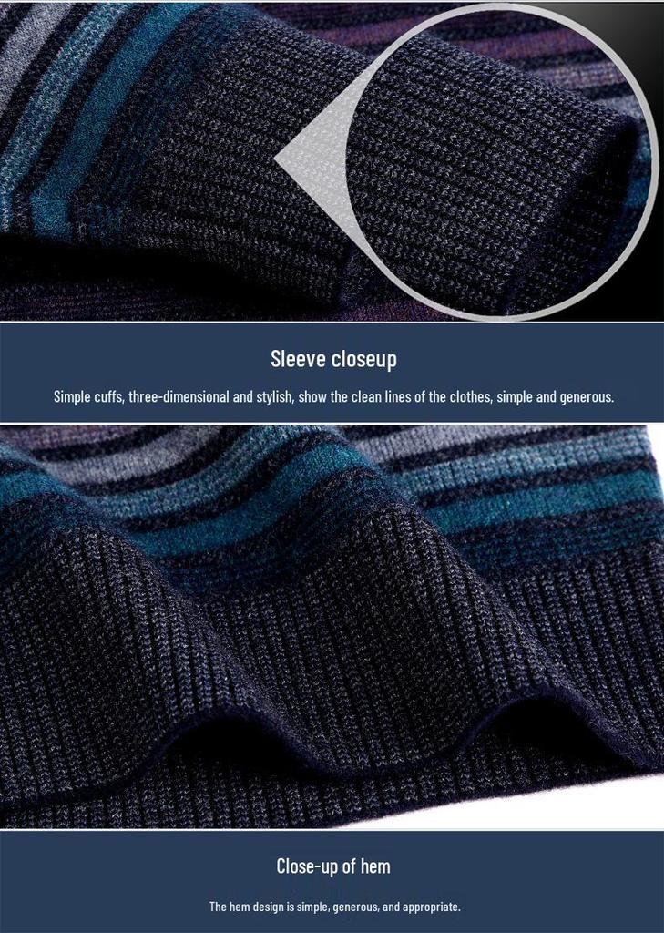 Men's Winter Thick Cashmere Sweater - Round Neck Business Casual Striped Merino Wool Knitwear.