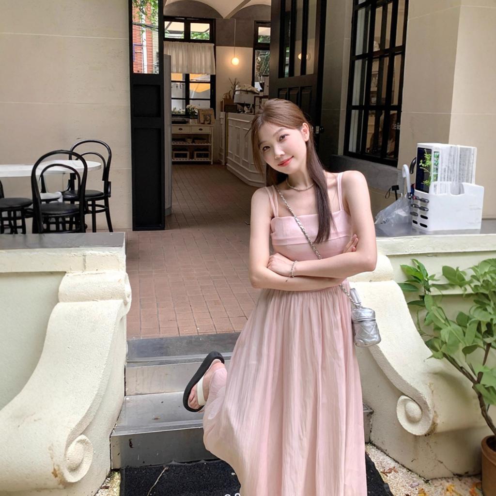 Seaside vacation French dress new female pink fairy skirt super fairy Mori suspender skirt female summer