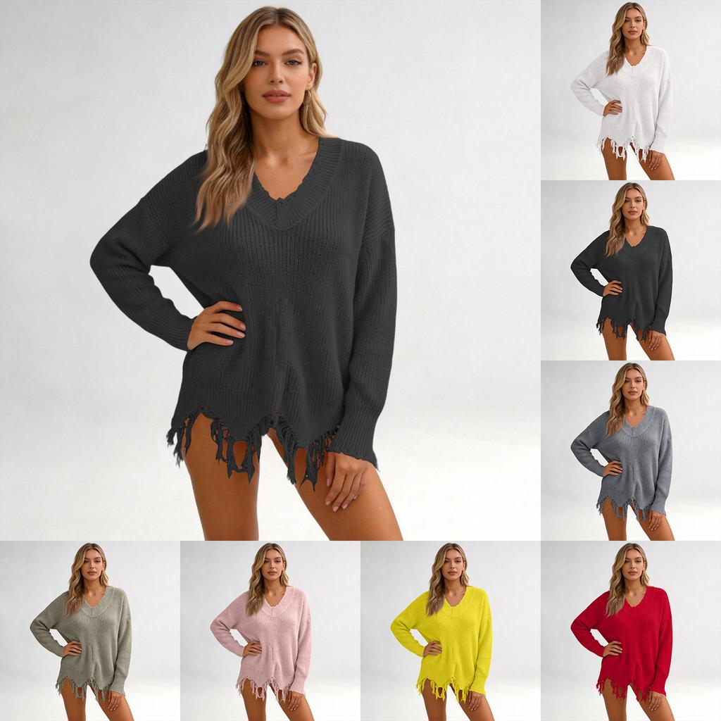 Women's Casual Loose Fit Deep V Neck Asymmetrical Pullover Knit Sweater for Everyday Wear