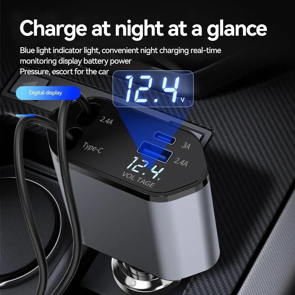 Retractable Car Charger, 4 In 1 Fast Charging Car Charger 120W, Retractable Cable and 2 USB Ports Car Charger Adapter Compatible