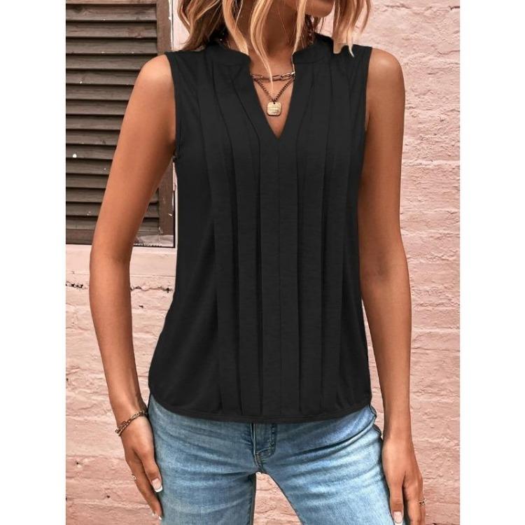Summer Spring Women Casual Blouse Solid Color Print Sleeveless V Neck Shirt Fashion S чёрный