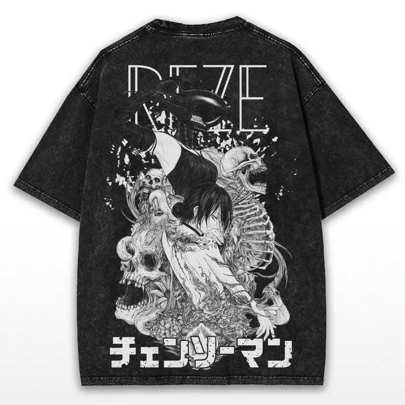 Japan Reze Cool Grafik T-Shirt Chainsaw Man Anime Harajuku Gewaschenes T-Shirt Herren Damen Kleidung Oversized Baumwolle Kurzarm T-Shirts