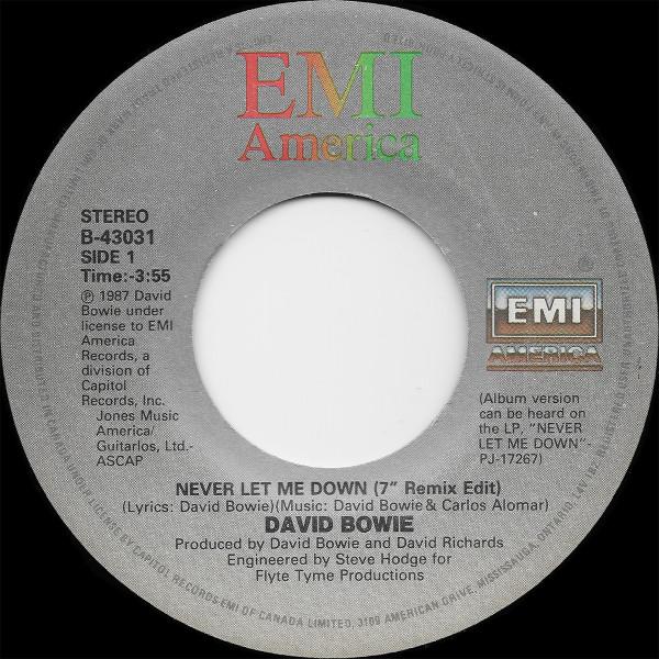 

7inch Record DAVID BOWIE Never Let Me Down B43031 EMI AMERICA 1987 Canada Rock Used