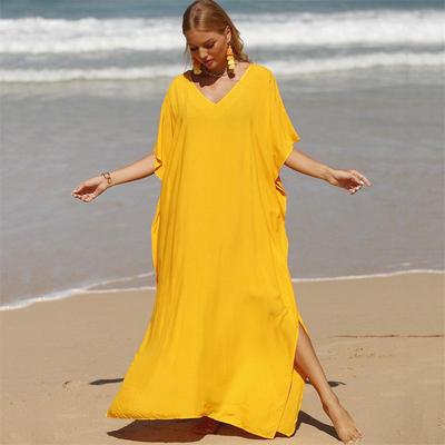 Casual Solid Long Kaftan Loose V-neck Half Sleeve Maxi Dress Summer Clothes Women Beach Wear Swim Suit Cover Up