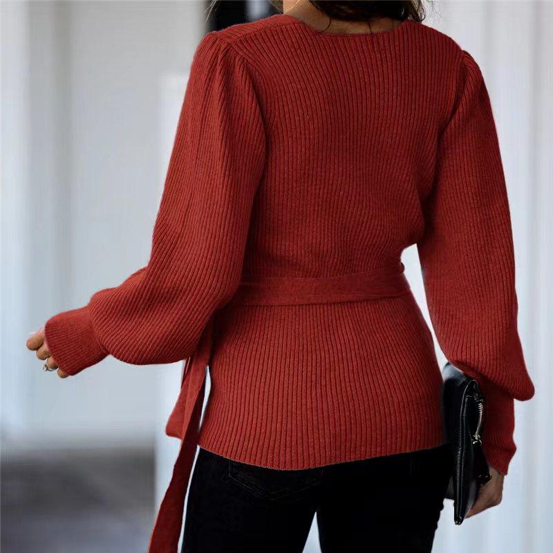 IHUASU Autumn and Winter Tie Temperament Commuter V-neck Jumper Women's Loose Large Size Fashion Knitted Cardigan