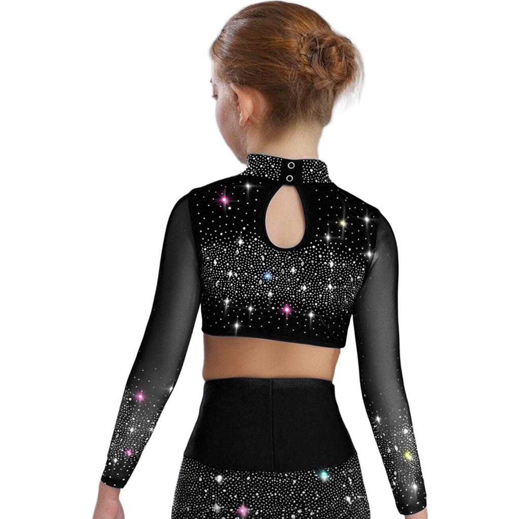 Dívčí průhledný síťovaný crop top s dlouhým rukávem a rolákem, lesklé kamínky, klíčová dírka vzadu, kostým pro lyrický tanec