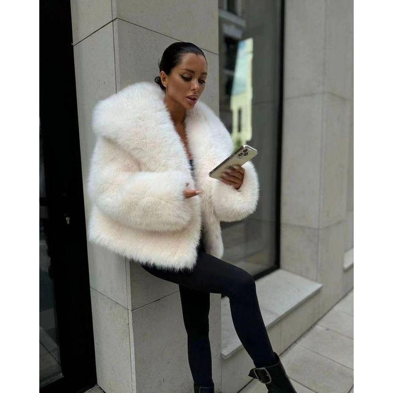 

Amazon Зарубежная Верхняя одежда Женская одежда Большой лацкан Искусственный мех лисы Меховая куртка Пушистая Повседневная Короткое пальто Пальто Rice White 2XL