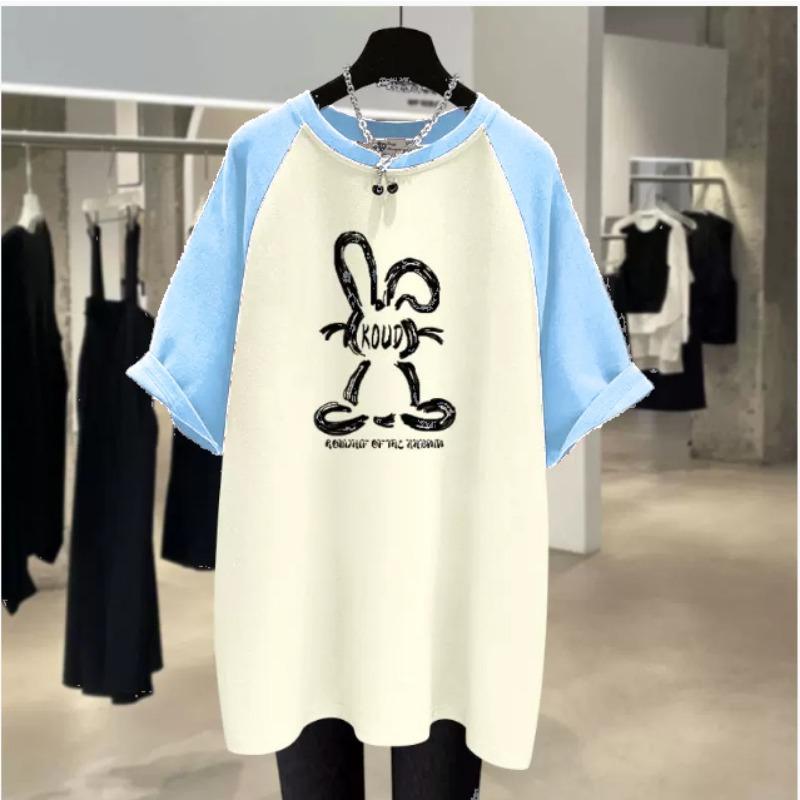 Short-sleeved T-shirt for Women's Pure Cotton Summer New Rabbit Graffiti Korean Loose and Fashionable Mid-length Top