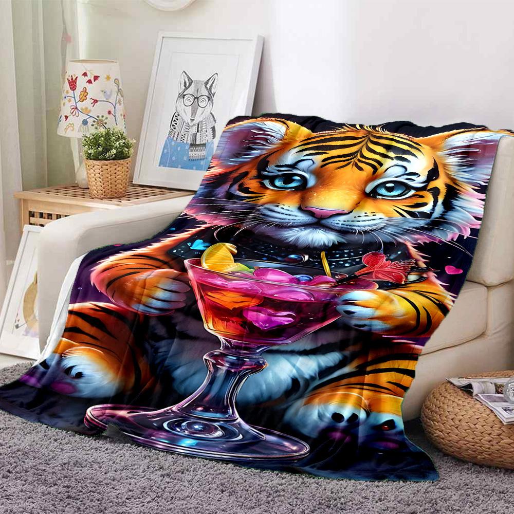 1pc Tiger Cocktail Glass Blanket Lightweight Flannel Blanket Throw Blanket For Sofa, Bed, Travel, Camping, Livingroom, Couch, Chair, And Bed yy2509026