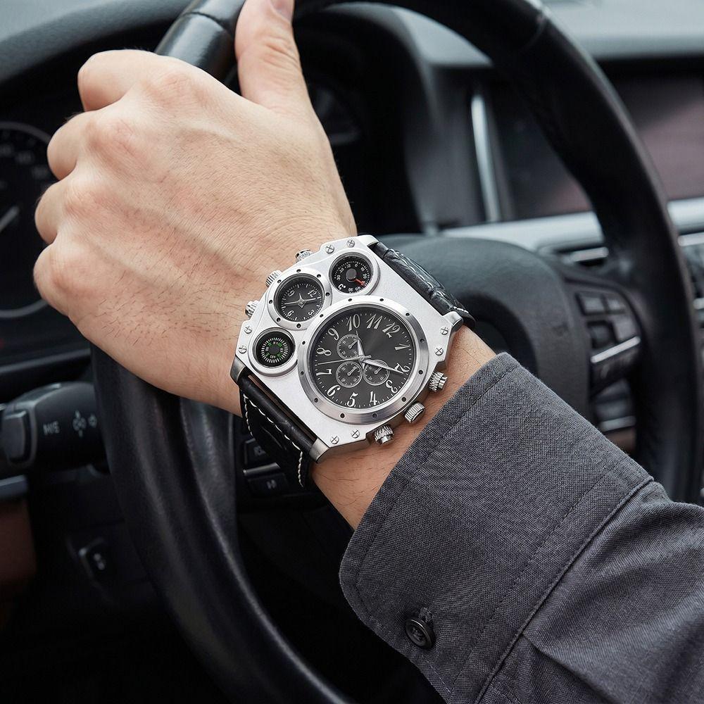 Large Dial Dual Time Zone Watch PU Leather Strap Men's Watch Top Brand Sport Wristwatch Men