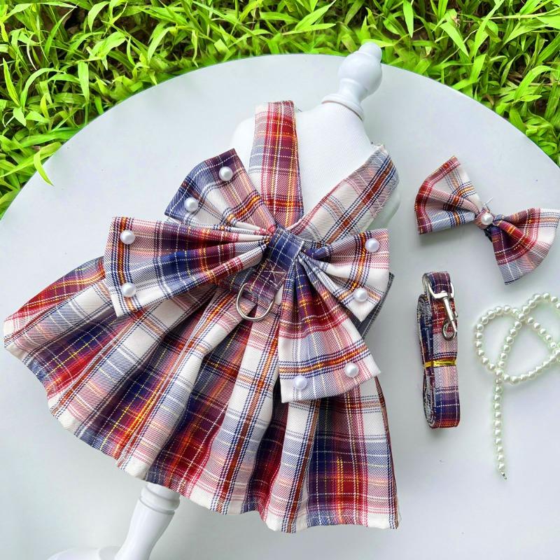 Pet JK Checkered Dog Skirt Chest Strap Leash Dog Walking Cat Vest Clothes Teddy Dog Fighting Supplies