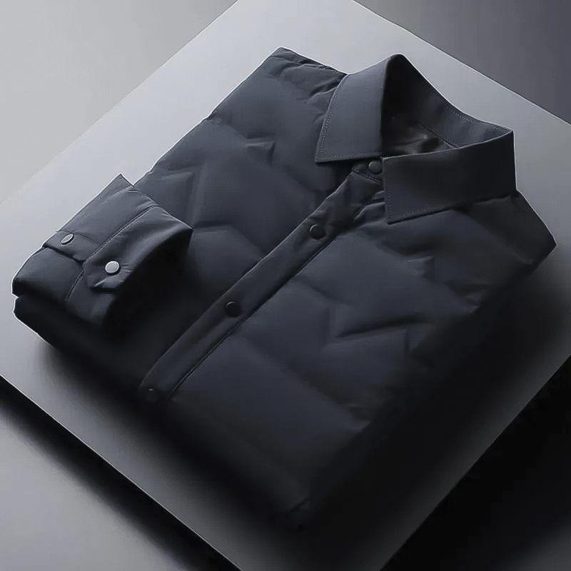 Męska Lekka Kurtka Puchowa Business Casual - Jesień/Zima Ciepła Krótka z Białego Puchu Kaciego z Kołnierzykiem Koszulowym