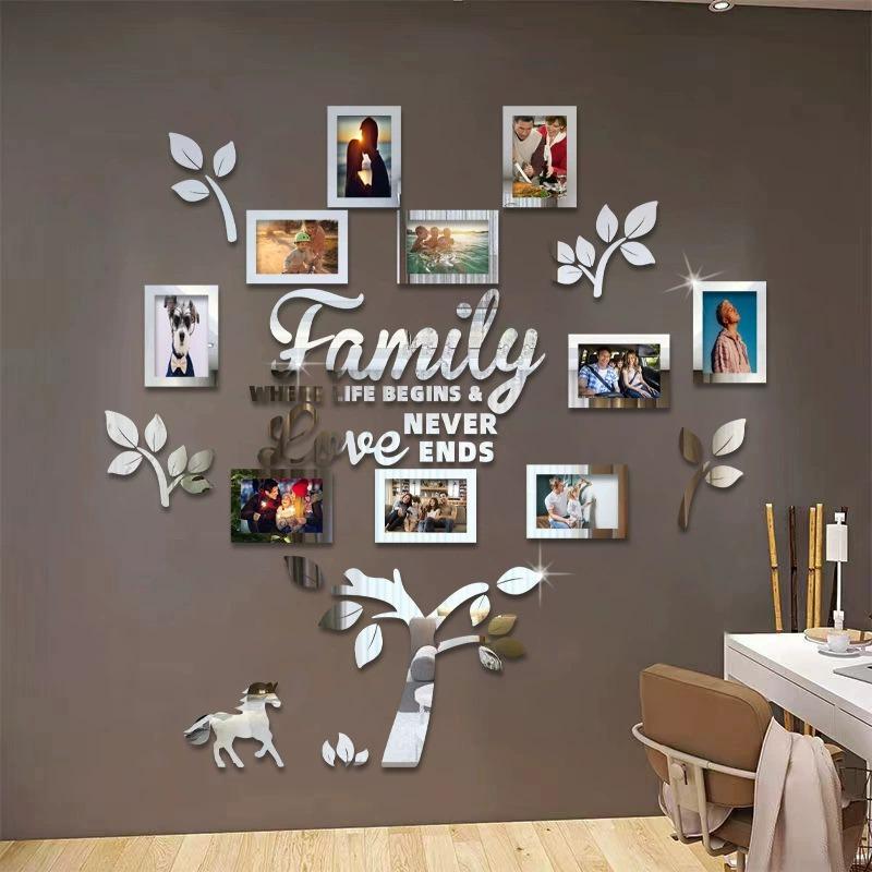 Family Tree Wall Decal Sticker - Acrylic 3D DIY Mirror Sticker Photo Frames Quotes Wall Decor Removable Wall Art Decals Decorations for Bedroom