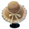 Women Sweet Lace Trim Large Brim Straw Sun Hat For Summer Beach Vacation