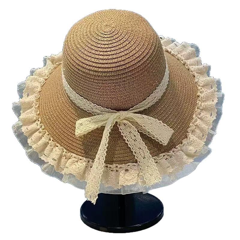 Women Sweet Lace Trim Large Brim Straw Sun Hat For Summer Beach Vacation