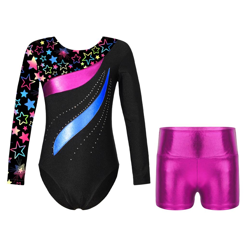 Girls Dance Set Long Sleeve Leotard Shiny Rhinestones Printed Patchwork Design Metallic High Waist Shorts