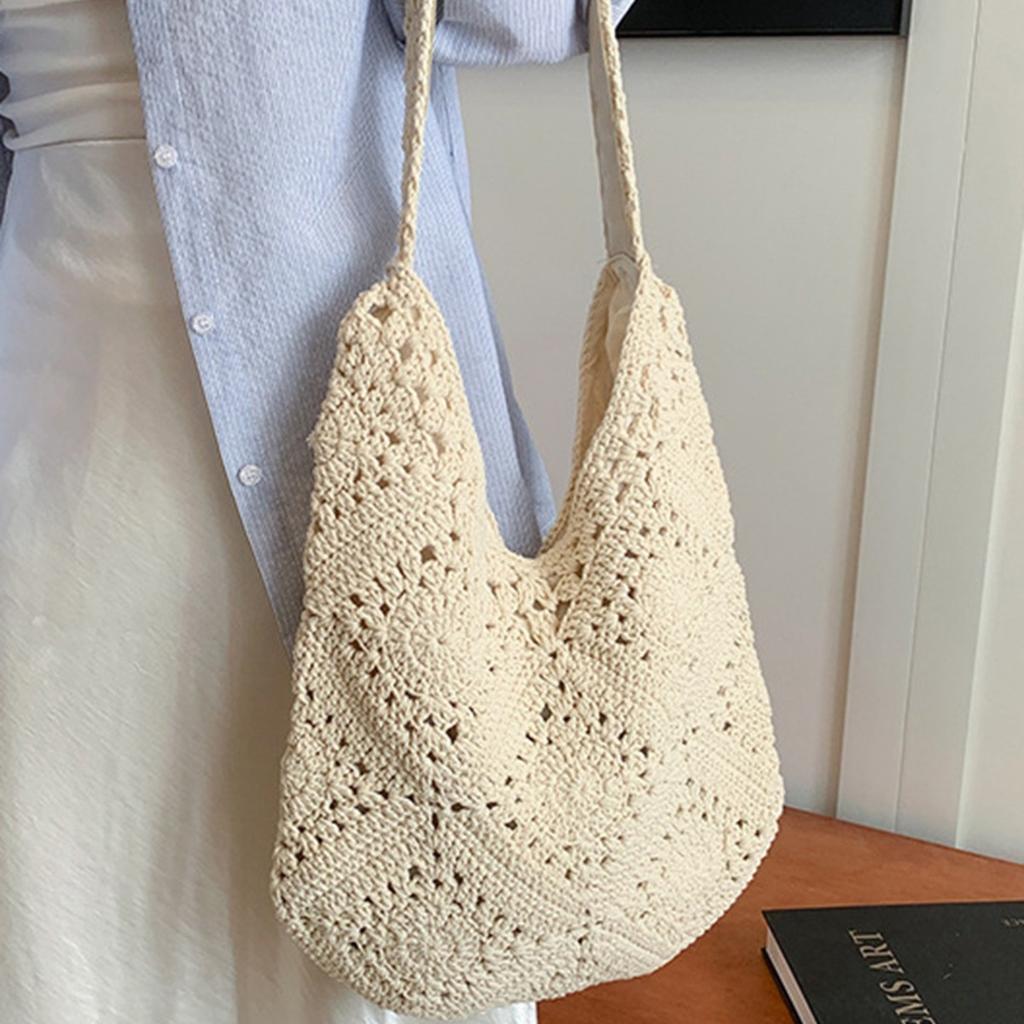 Fashion Casual Handmade Crochet Hollow Flower Woven Summer Vacation Simple Large Capacity Commuting Work Shoulder Bag