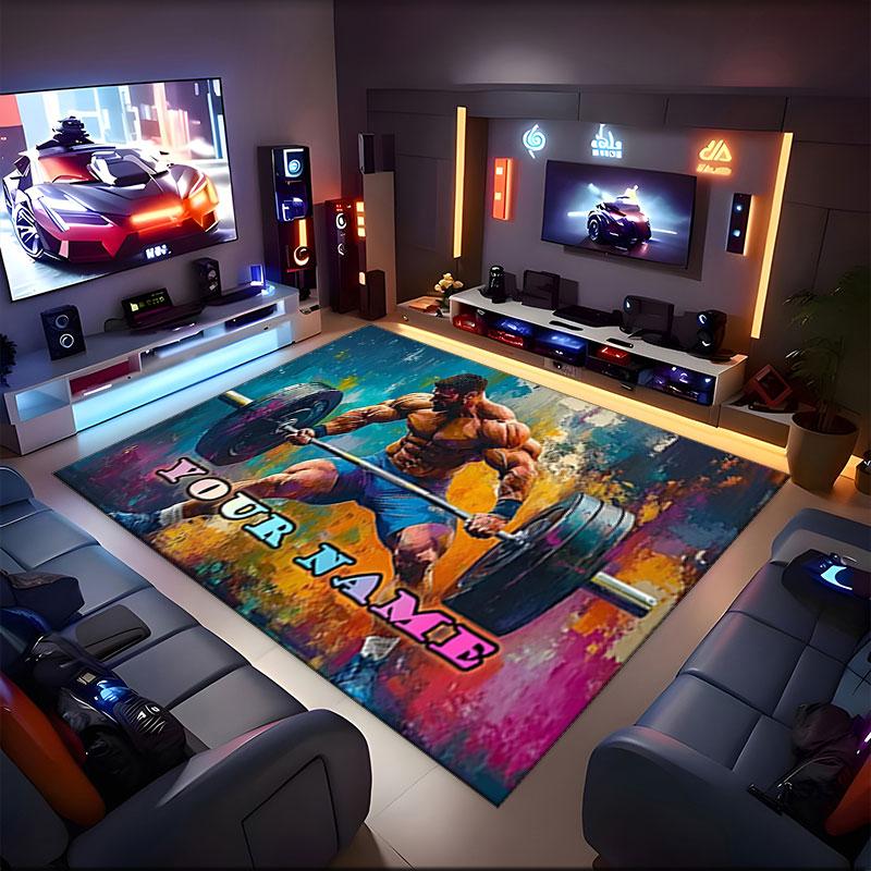 1PC Custom Name Muscle Power Art Theme Floor Mat Ideal for Living Room, Game Rooms, Office, Bedroom,Floor Mat Playful Design