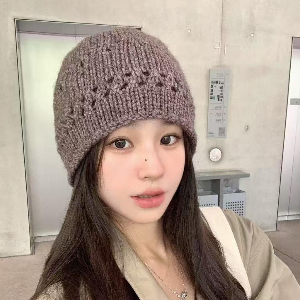 Japanese hollow knitted hat women's autumn and winter new versatile face small pile hat warm wool hat cold hat