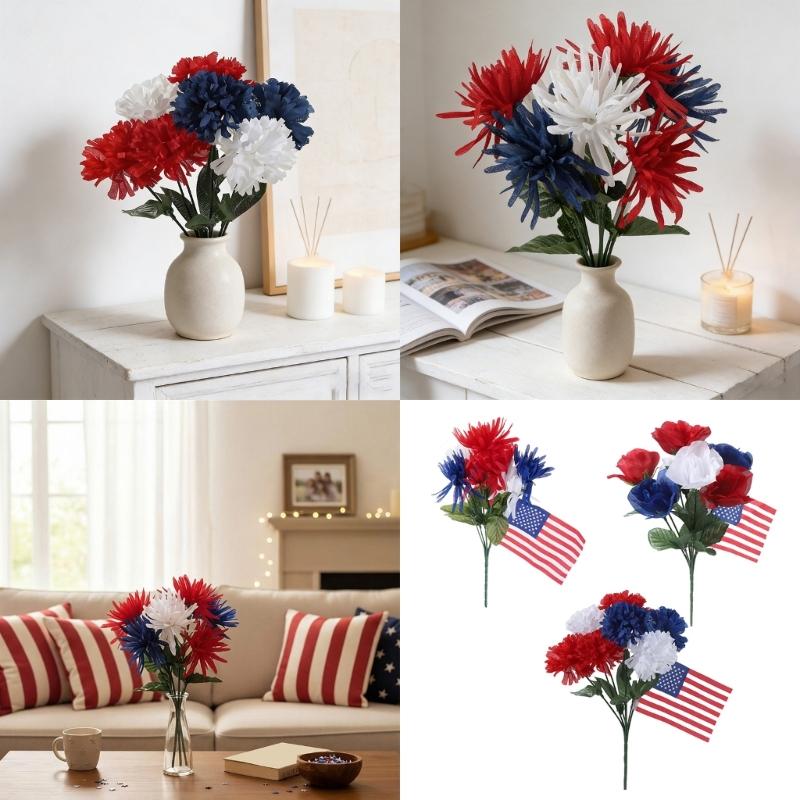 Red White Blue Plastic Artificial Chrysanthemum Flower For Independence Day Holiday Decoration Vase Flower Arrangement