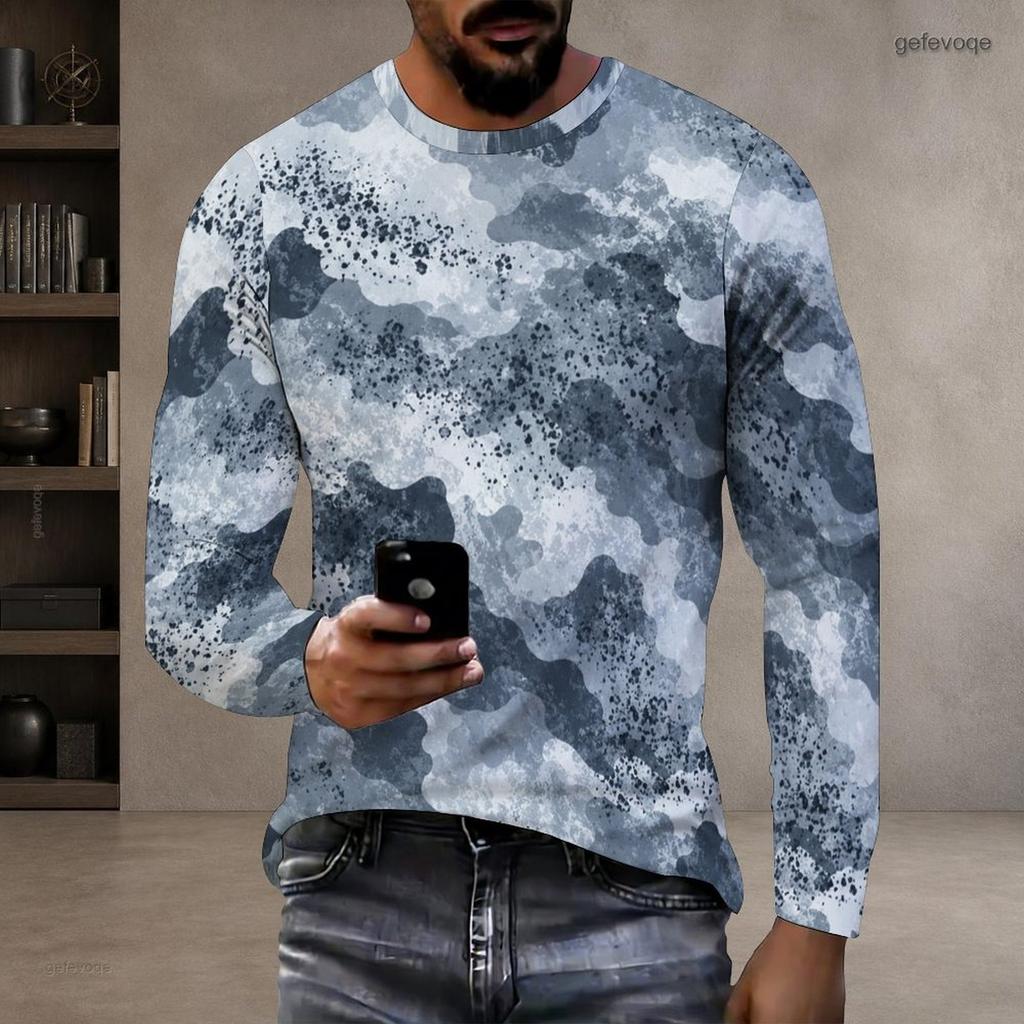 Men Plus Size Camouflage Printed Round Neck Long Sleeve T Shirt Pullover Straight Hem