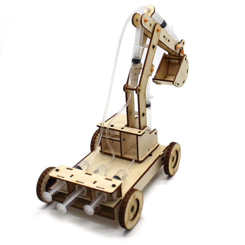 Wooden Hydraulic Excavator Model No.2 DIY Steam Experiment Set with Rotatable Wheels - Scientific Small Production Kit