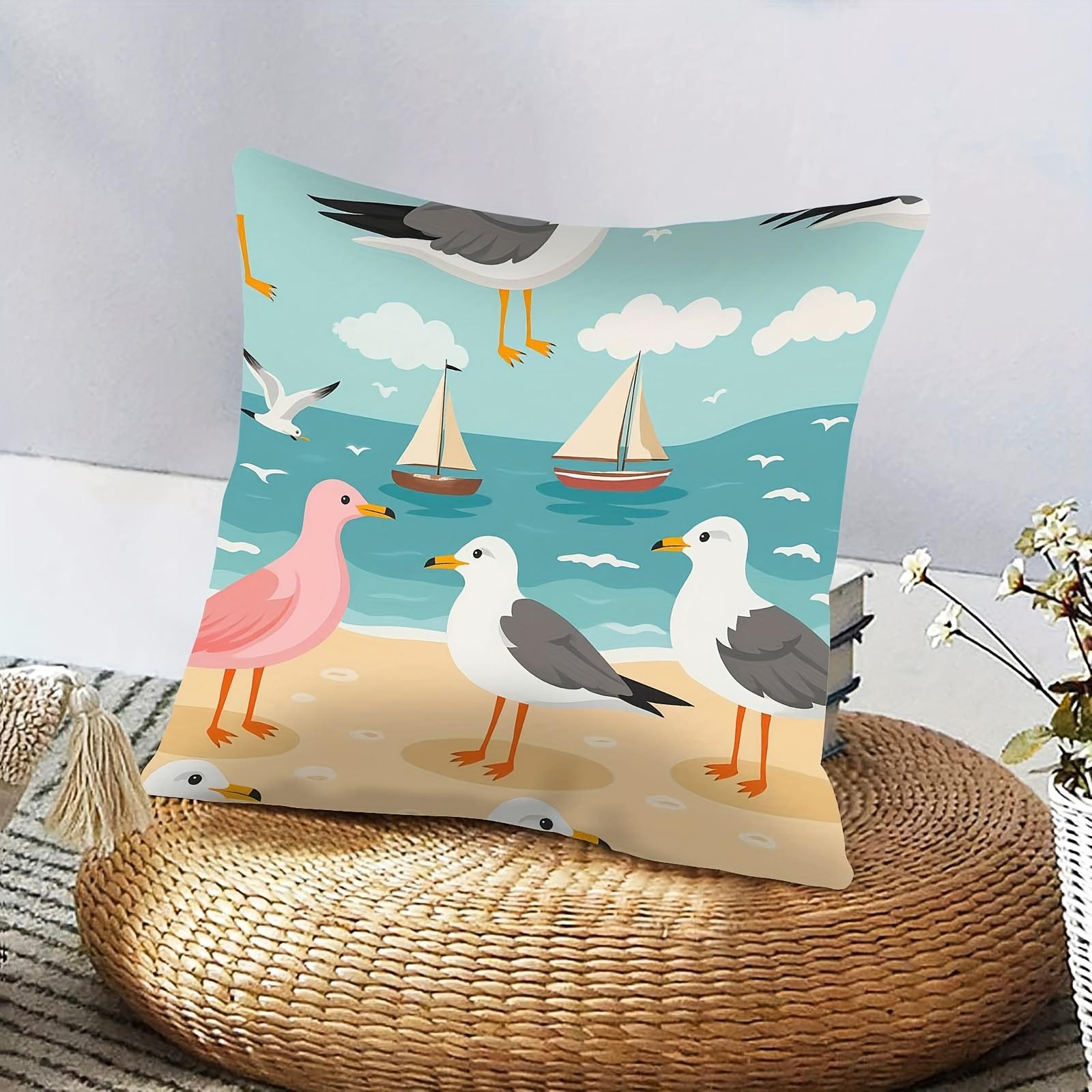 

Seagull Pillowcase Cartoon Bird Cushion Cover Beach Sailing Boat Print Throw Pillow Ocean Style Home Decor Coastal Living 40cmx40cm